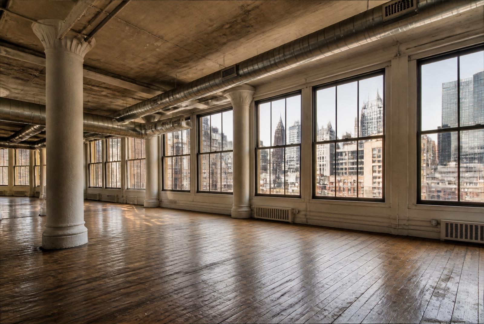Manhattan loft interior — cast-iron columns, tall windows, high ceilings